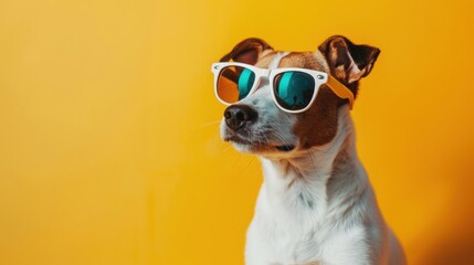 Vibrant digital portrait of a cheerful wild creature, happy face with sun glasses. Cute, close-up of a live mammal for advertising background.