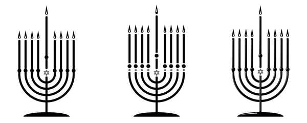 Set Menorah vector black and white image, happy hanukkah judaism religious holiday hebrew celebration, candelabrum with candles. Hebrew lampstand isolated on white background. Jewish holiday. 