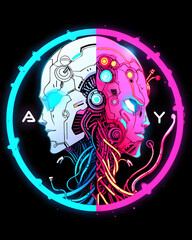 Fototapeta premium Yin and Yang Taoism mechanical cyborg mecha robot illustration