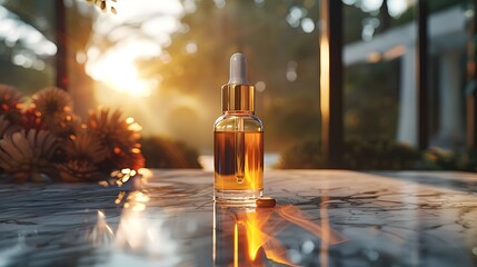 Luxurious skincare product, glass bottle with dropper, golden serum, warm sunlight glow, marble surface, soft shadows, elegant composition, minimalist style.