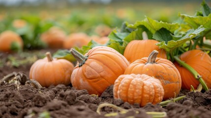 A group of pumpkins growing in a field on rich brown soil. This image showcases the natural growth process of pumpkins, representing abundance and the autumn season.
