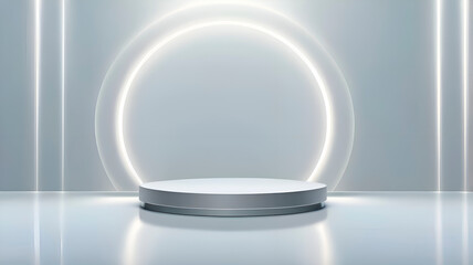 Abstract shine silver cylinder pedestal podium. Sci-fi white empty room concept with semi circle glowing neon lighting. Vector rendering 3d shape