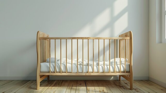 Empty baby crib with white mattress on wooden home floor