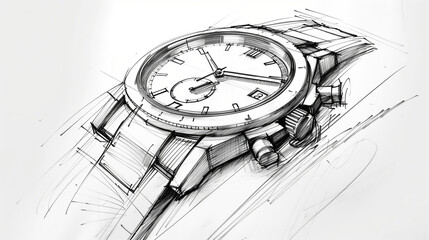 Pencil sketch of a luxury wristwatch. Hand drawn with details, highlighting craftsmanship and design