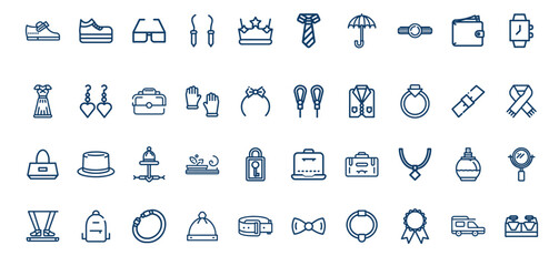 Fototapeta premium Fashion accessories icon set including shoes glasses crown tie umbrella watch wallet dress earrings handbag gloves hair bow jump rope suit pocket watch scarf top hat perfume 