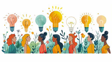 vector, illustration, Brainstorming office team with new idea generating process tiny person concept, transparent background. Creative and innovative marketing discussion and conversation illustration