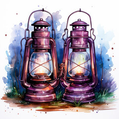 Watercolor Camping lanter, clipart Illustration, Generative Ai