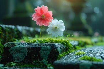Two flowers are on a rock, one is red and the other is white