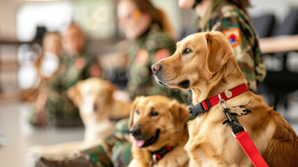 Group of trained service dogs in red collars observing their handlers during a training session in a modern indoor environment