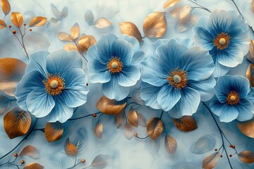 A painting of four blue flowers with gold accents