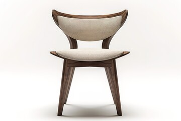 A wooden chair with a white cushion sits on a white background