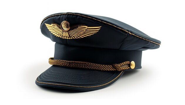 A&nbsp;solo golden aviation glyph&nbsp;represents a pilot's&nbsp;cap used in civil aviation or air transport isolated on a stark white backdrop with large text accommodation, Generative AI.