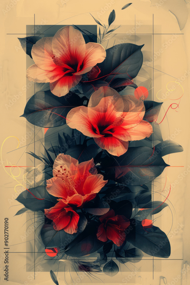 Poster sleek design of abstract geometric blocks combined with swirling flower and leaf patterns in a retro