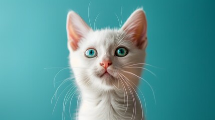 Obraz premium White kitten, vibrant blue background, studio portrait, curious expression, playful pose, attentive ears, bright green eyes, soft fur texture, cheerful mood, pet photography.