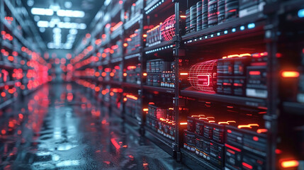 A computer server room with many shelves of servers
