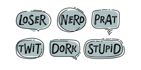 Speech bubbles with curses, bad words, hate, expletives. Handwritten inscription sings. Vector sticker set. Hand drawn doodle charcoal pencil swear words for angry, rude, mad mood. Dialogue balloons.