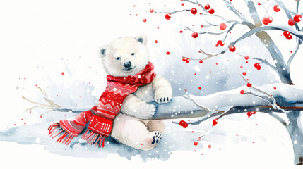 Cute polar bear sitting on a snow-covered branch, wearing a bright red scarf, surrounded by falling snowflakes and berries