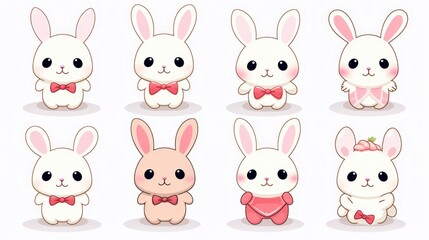 Set of 8 vector kawaii rabbits, isolated white background, different camera angles, all parts are sharp