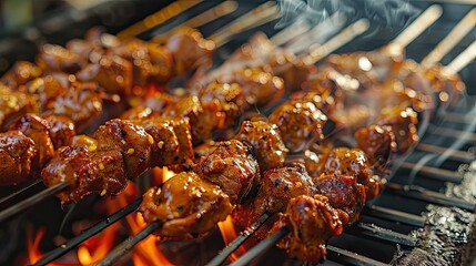A grill with meat on it and smoke coming out of it. The meat is being cooked on skewers