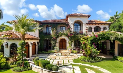 Fototapeta premium Luxury Mediterranean Estate Showcases Lush Landscaping, Tile Roof, and Stunning Architecture