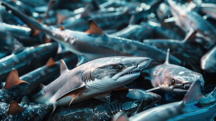 Blacktip reef shark swimming in group of sharks