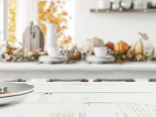 Fototapeta premium Side View of White Table for Mockup with Blurred Autumn Table Setting in Background