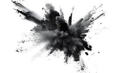 Dynamic black powder explosion in monochrome on white background, dramatic abstract art