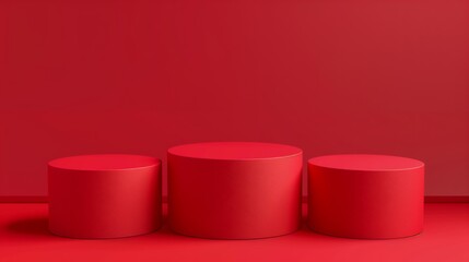 Three Minimalist Red Toned Round Podiums for Product Presentation on Empty Background. Ideal for E-commerce and Advertising Displays, Showcasing Minimalist Style and Elegance