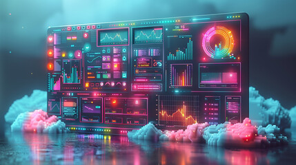 A computer monitor with a colorful display of graphs and numbers
