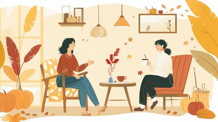Fototapeta premium Autumn Vibes: Two Friends Enjoying Cozy Fall Conversation Indoors