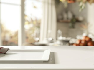 Elegant White Table with Plate and Napkin for Mockup in Bright Home Interior