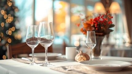 Fototapeta premium Elegant Thanksgiving Dinner Table Setting with Wine Glasses and Autumn Decor