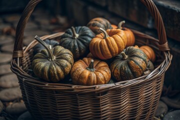 Autumn background of colorful decorative pumpkins in a wicker basket. A rich harvest. The concept of the Halloween holiday.