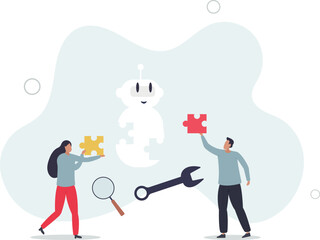 Youth in tech and teenagers work with robots coding. Programming artificial intelligence device with software and electronic engineering.flat design.illustration with people.