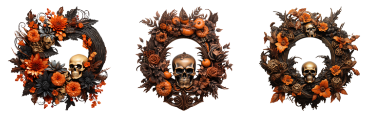 Set of Halloween skull wreaths. Holiday seasonal graphic decor for card/ invitation/ banner design etc.