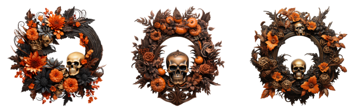 Set of Halloween skull wreaths. Holiday seasonal graphic decor for card/ invitation/ banner design etc.