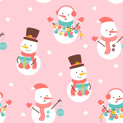 Cute pink christmas pattern with snowman on pink background for holiday designs. Cute noel pattern for print wrapping paper fabric card wallpaper.