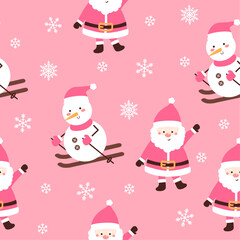 Seamless Cute Santa Claus and Snowman hand drawn vector illustration.Funny Pink Christmas Pattern in flat stylefor kids fabric.