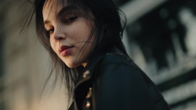 Close-up portrait of a stylish woman with moody expression, set in an urban environment. The dramatic lighting and composition convey emotions of introspection and strength. Moody Portrait Woman