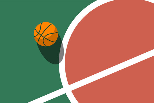 Ball on basketball court white line markings, view from above, poster with space for text,  vector