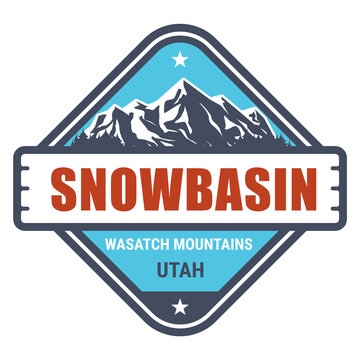 Snowbasin, Utah, Wasatch Mountains resort stamp, emblem with snow covered mountains, vector