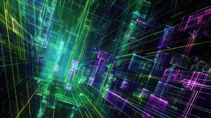 Fototapeta premium Futuristic Digital Cityscape: Abstract Neon Grid Lines and Data Streams