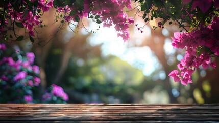 Charming Wooden Podium with Spring Background in Soft Afternoon Sun. AI generated illustration