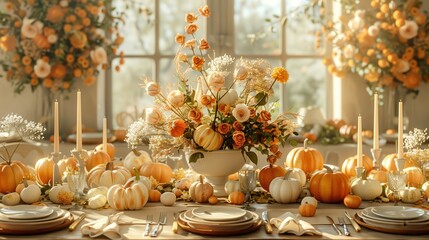 Elegant Thanksgiving Dinner Table with Pumpkins and Floral Centerpieces