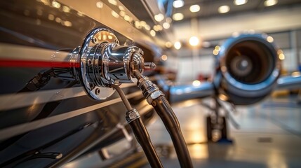 Fototapeta premium Airplane Fuel Port with Shiny Chrome Finish. Close-up of an airplane fuel port with shiny chrome detailing, reflecting light inside an aircraft hangar.