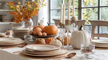 Elegant Thanksgiving Dinner Table Setting with Pumpkins and Autumn Decor