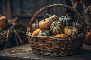 Autumn background of colorful decorative pumpkins in a wicker basket. A rich harvest. The concept of the Halloween holiday.