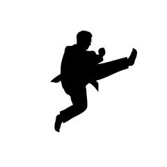 martial arts, silhouette of man jumping and kicking with right foot vector