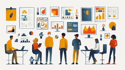 vector, illustration, Business Marketing illustrations. scenes with men and women taking part in business activities. Trendy vector style