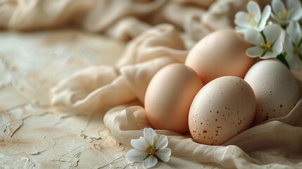 A close up of four eggs with a white background